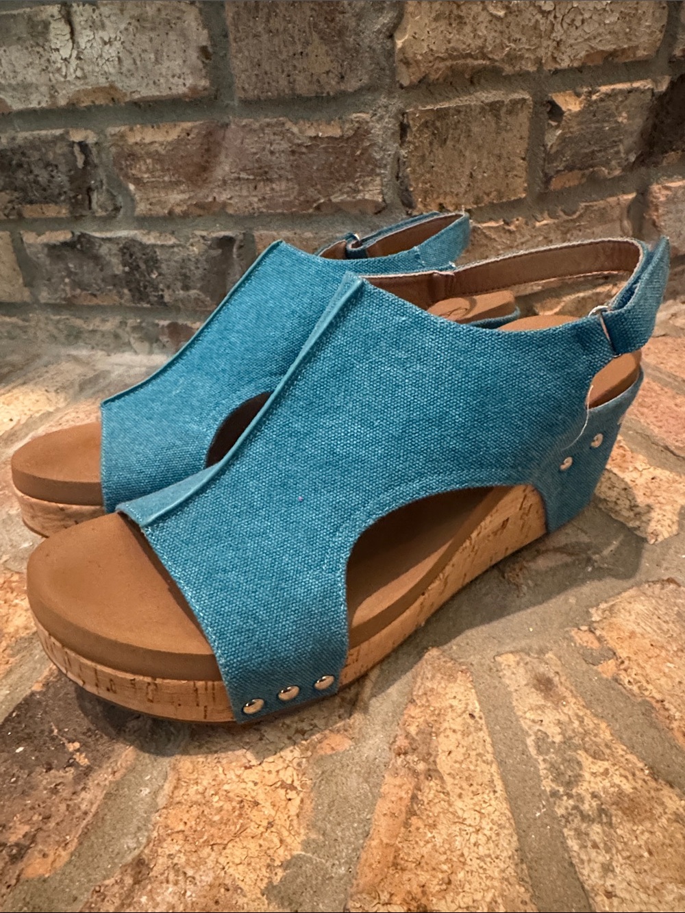 CORKYS CARLEY Women's Teal Blue Canvas Wedge Sandal - Size 10